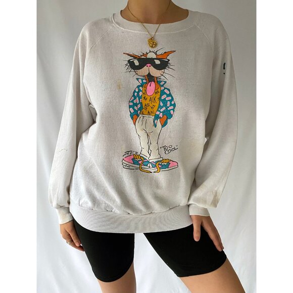 80s vintage COOL CAT graphic thrashed distressed faded cotton pullover sweater - Picture 2 of 10